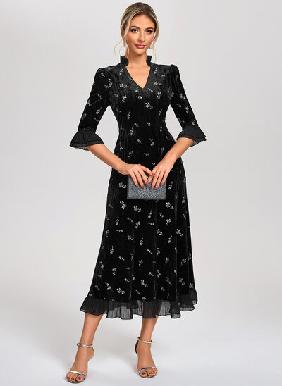 A-line V-Neck Tea-Length Velvet Cocktail Dress With Embroidered 
