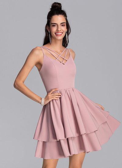 A-Line V-neck Short/Mini Stretch Crepe Homecoming Dress With Cascading Ruffles 