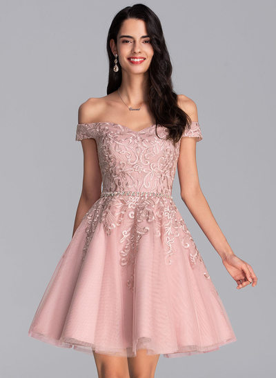 A-Line Off-the-Shoulder Short/Mini Tulle Homecoming Dress With Beading Sequins 
