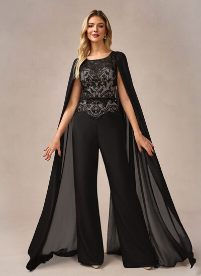 Tute girocollo a terra chiffona abito da sera con mantella lustrini 