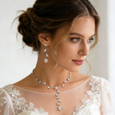 Flower Crystal Wedding Jewelry Sets For Bridal & Bridesmaid Earrings & Necklace (Set of 2)