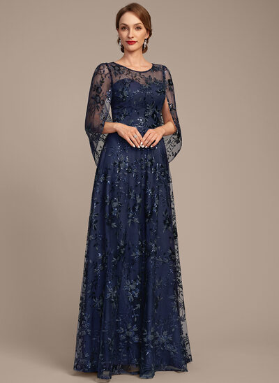 A-линии Совок шеи Иллюзия Длина до пола блесток кружевной Платье Для Матери Невесты 