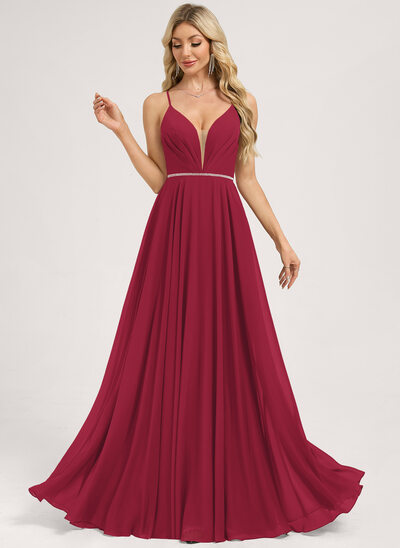 Robe de demoiselle d'honneur trapèze col v longueur ras du sol mousseline avec perlage 