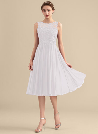 Robe trapèze scoop longueur genou mousseline dentelle robe de soirée étudiante avec brodé 