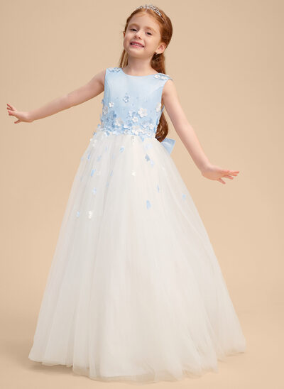 Ball-Gown/Princess Scoop Floor-Length Satin Tulle Flower Girl Dress With Beading 3D Floral 
