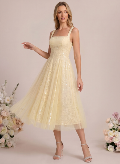 A-line Square Sequins Lace Dress