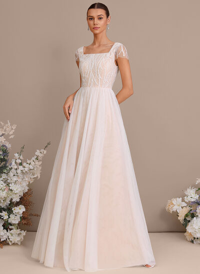 Vestido línea a con escote cuadrado lentejuelas de tul