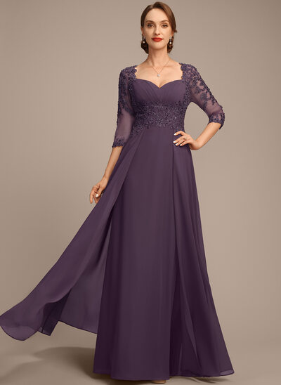 A-line Sweetheart Floor-Length Lace Chiffon Mother of the Bride Dress With Pleated Sequins 