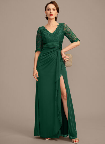 Empire V-Neck Floor-Length Lace Mesh Mother of the Bride Dress With Cascading Ruffles Sequins Beading 