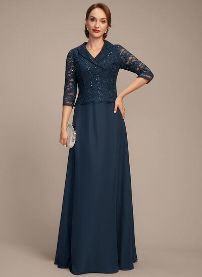 A-line Collared V-Neck Floor-Length Lace Chiffon Mother of the Bride Dress With Sequins 