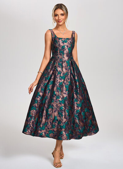 A-line Square Tea-Length Jacquard Cocktail Dress 