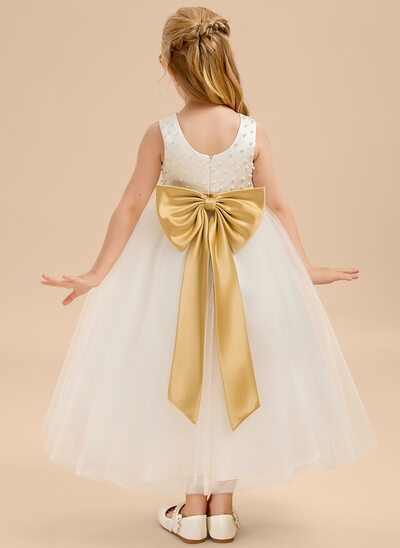 A-linja pyöreä kaula-aukko nilkka-pituus satiini tylli kukka tyttö mekot jossa keula helmikoristelu 