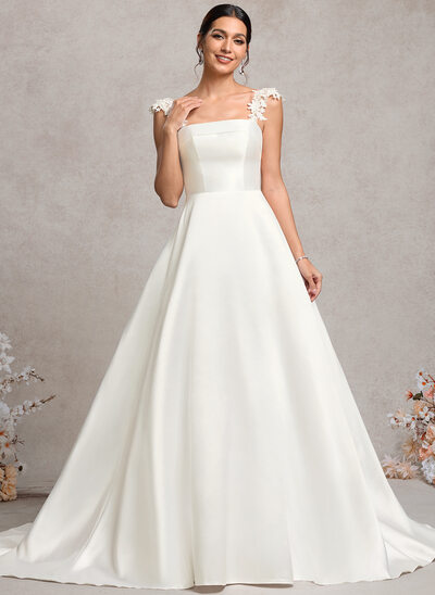 A-Linien-Kleid Karree Geradem Ausschnitt Kapellenschleppe Satin Spitze Brautkleid 