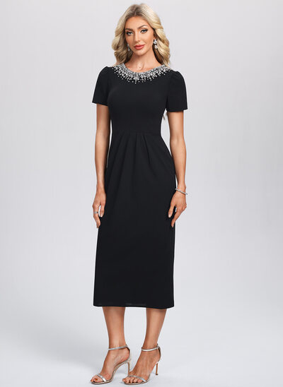 Sheath/Column Scoop Tea-Length Stretch Crepe Cocktail Dress With Rhinestone 
