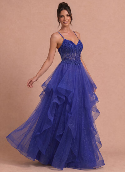 Robe princesse à col en v à fines bretelles avec paillettes en tulle