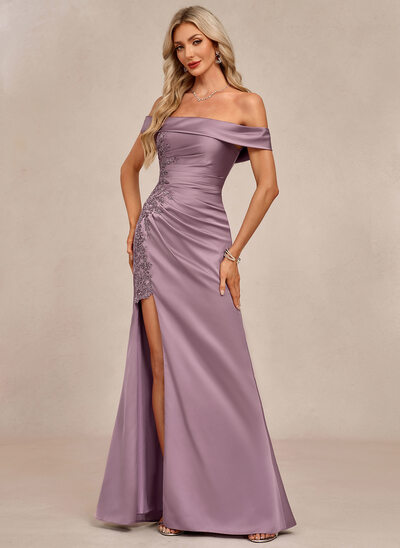 Off the Shoulder Pleated Acetate Satin Maxi Dress