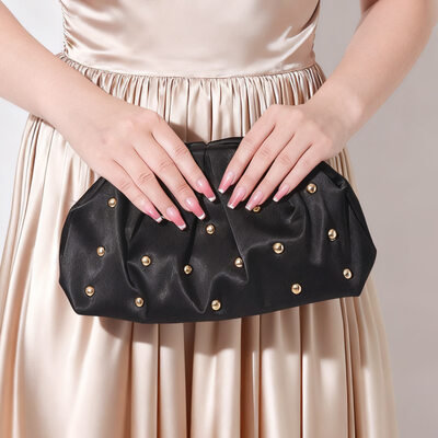 Rivet Elegant Evening Cocktail Satin Clutch Bags in Black 