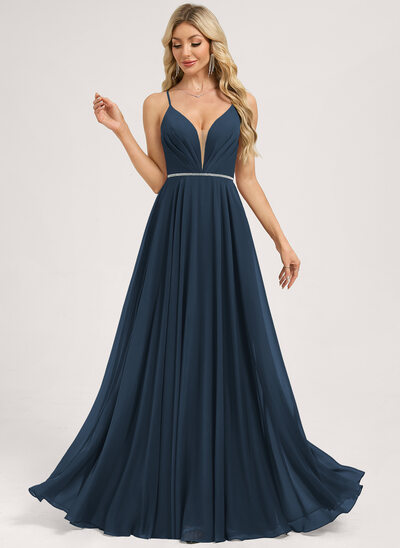 A-linja v-kaula lattiaa hipova pituus sifonki morsiusneitojen mekko jossa helmikoristelu 