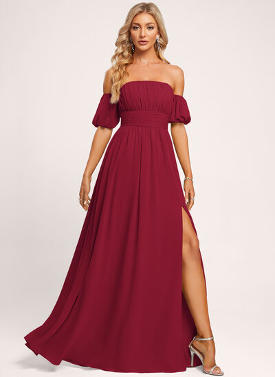 Jurk a-lijn van chiffon met off-shoulder ruches