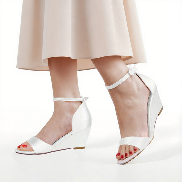 Women's Wedding Shoes Satin Wedge Heel Open Toe Wedding Sandals Bridesmaid Shoes Simple Wedding Evening Cocktail Shoes 