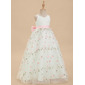 A-line V-Neck Floor-Length Satin Tulle Lace Flower Girl Dress With Bow 