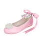 Girl's Flower Girl Shoes Wedding Pearl Ribbon Tie Satin Round Toe Flat Heel Shoes 