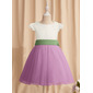 A-line Scoop Knee-Length Lace Tulle Flower Girl Dress With Bow Sash 