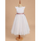 A-line Scoop Tea-Length Satin Flower Girl Dress With Beading Sash 