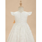 A-line Scoop Tea-Length Lace Lining 100% Cotton Flower Girl Dress With 3D Floral 
